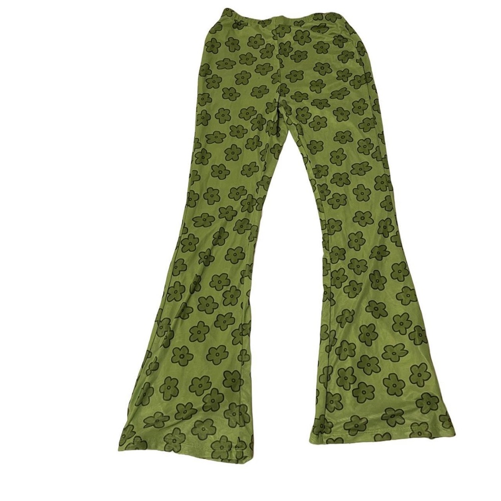 shein green floral cartoon print flare mesh leggings